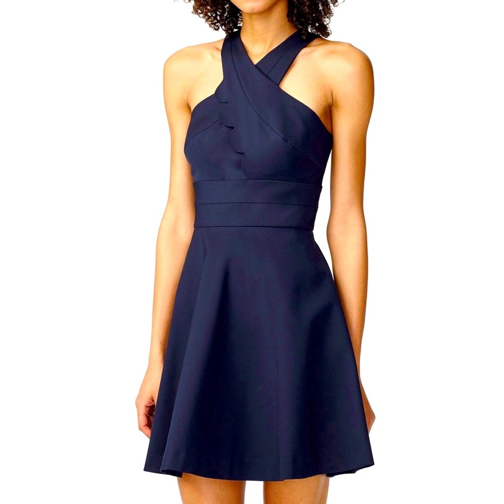 Armani Exchange AX Navy Blue Asymmetrical Scallop Halter Neck Fit Flare Dress 12